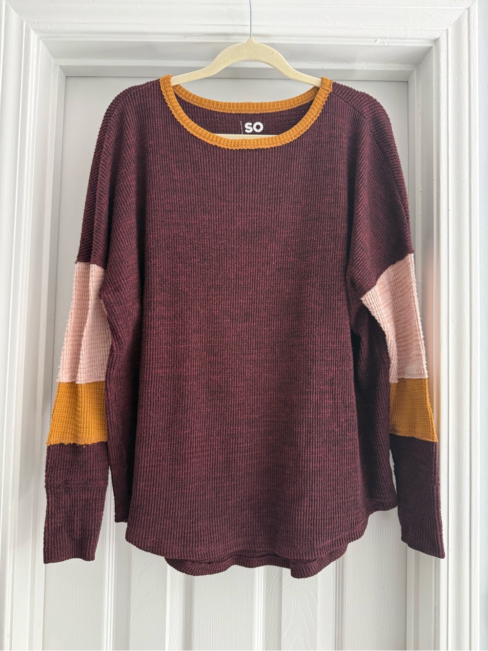 SO Colorblock Knit Sweater in Burgundy, Mustard & Blush